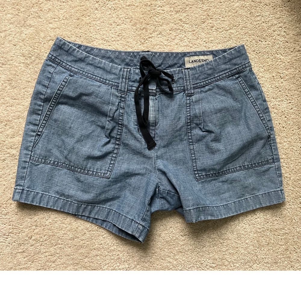 Lands' End Chambray Shorts Women's Casual‎ Drawstring Pockets Blue Size 8